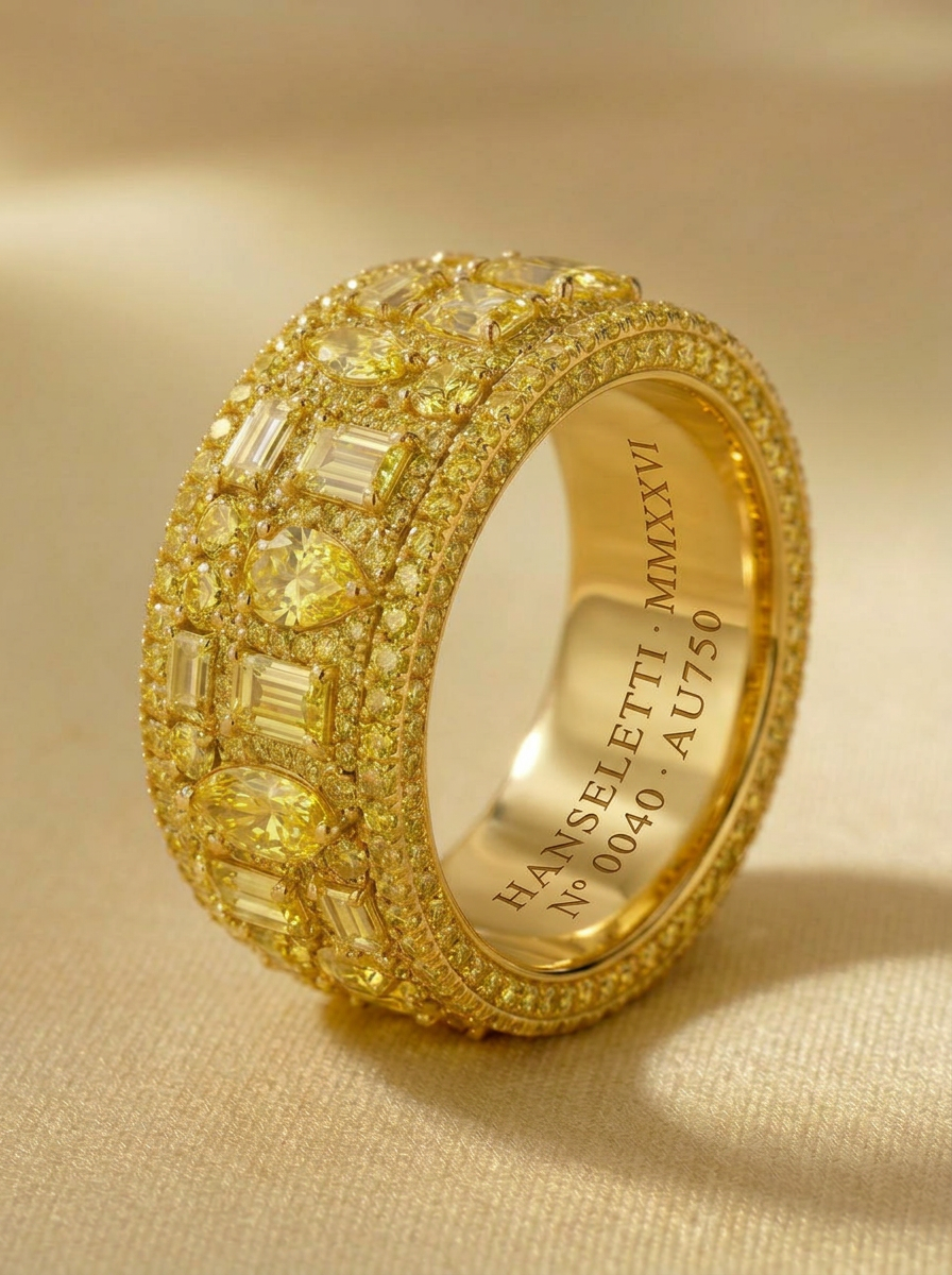 Soleil · Monsieur — Alliance Halo Homme. Halo éternité tailles mixtes canary · profil masculin 6 mm · or jaune 18k. Hanseletti N° 0040