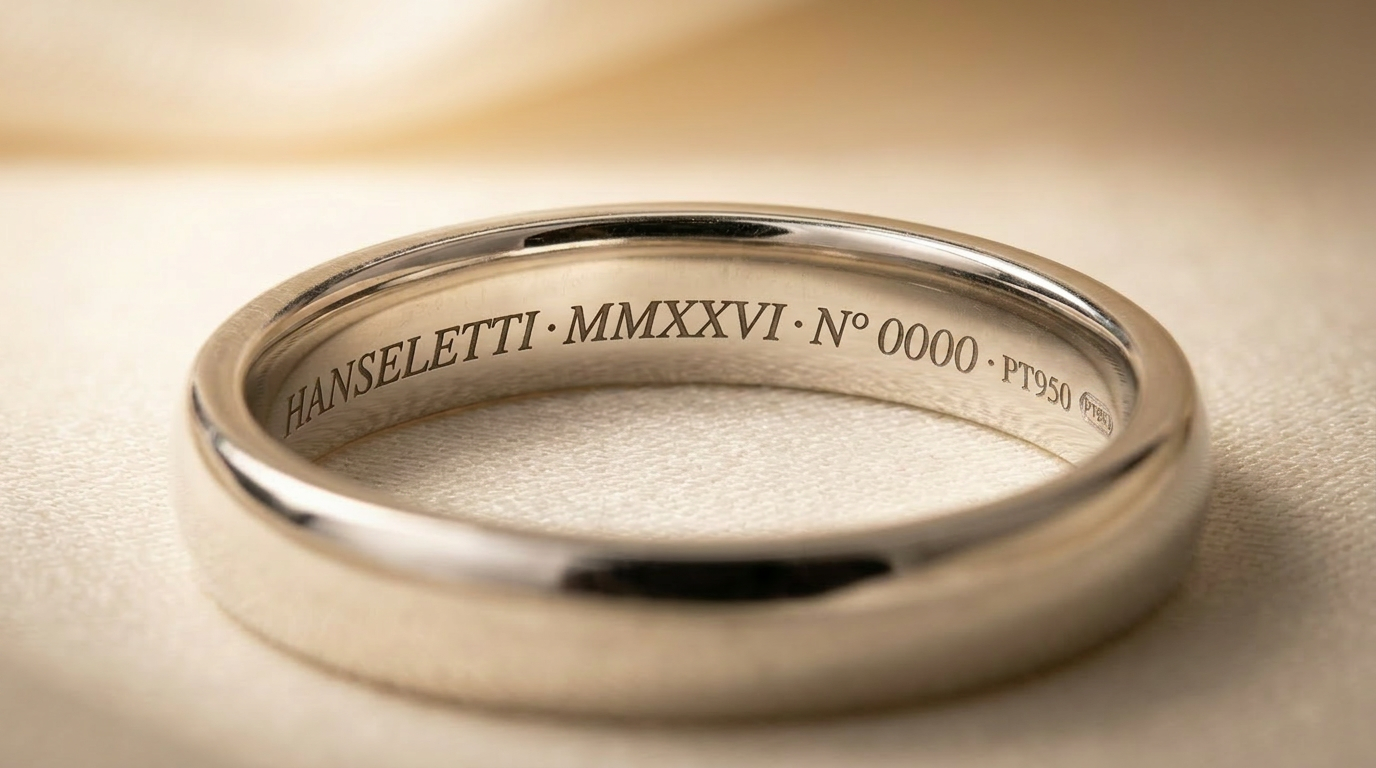 Hanseletti engraving inside a platinum ring band — HANSELETTI · MMXXVI · N° 0000 · PT950