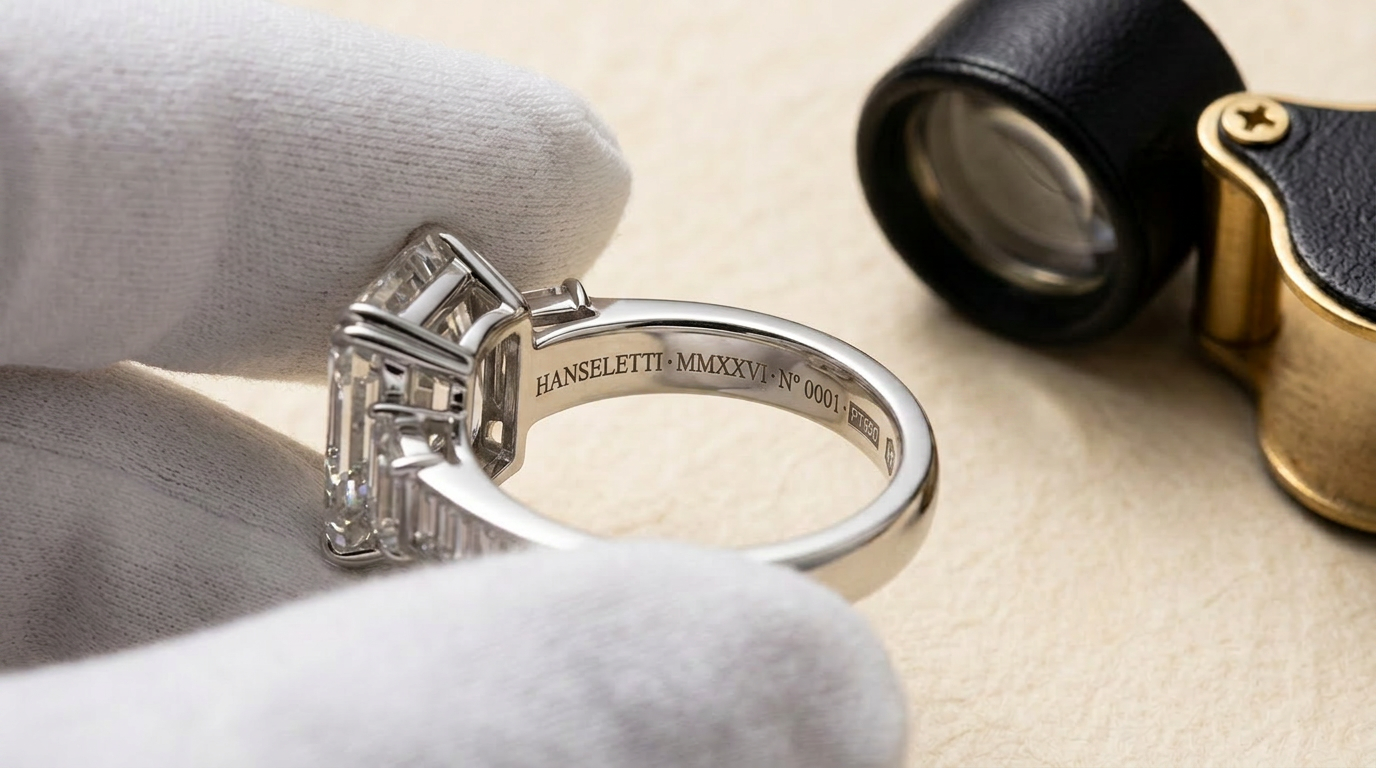 A jeweler's loupe inspecting the PT950 platinum hallmark and Hanseletti maker's cartouche struck inside a ring band