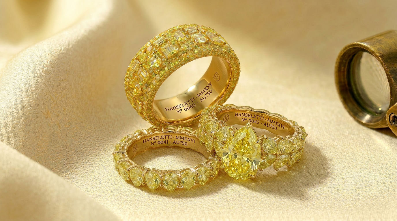 The complete Soleil bridal trio in 18k yellow gold — the men's Soleil · Monsieur band, the women's Soleil d'Or engagement ring, and the Soleil · Alliance — each showing only the engraved archive line and AU750 hallmark inside the band