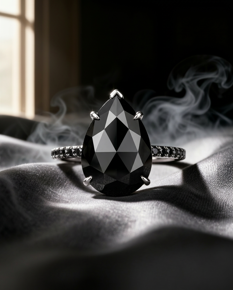 Nocturne · Ring — Cocktail Ring. Black diamond dome · white brilliant halo · blackened platinum. Hanseletti N° 0046