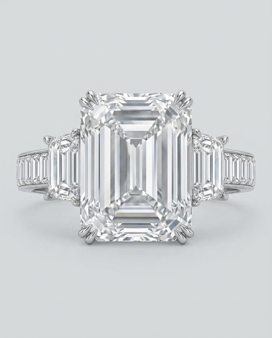 Octavia — Émeraude 8 ct · épaulements baguettes art déco · platine