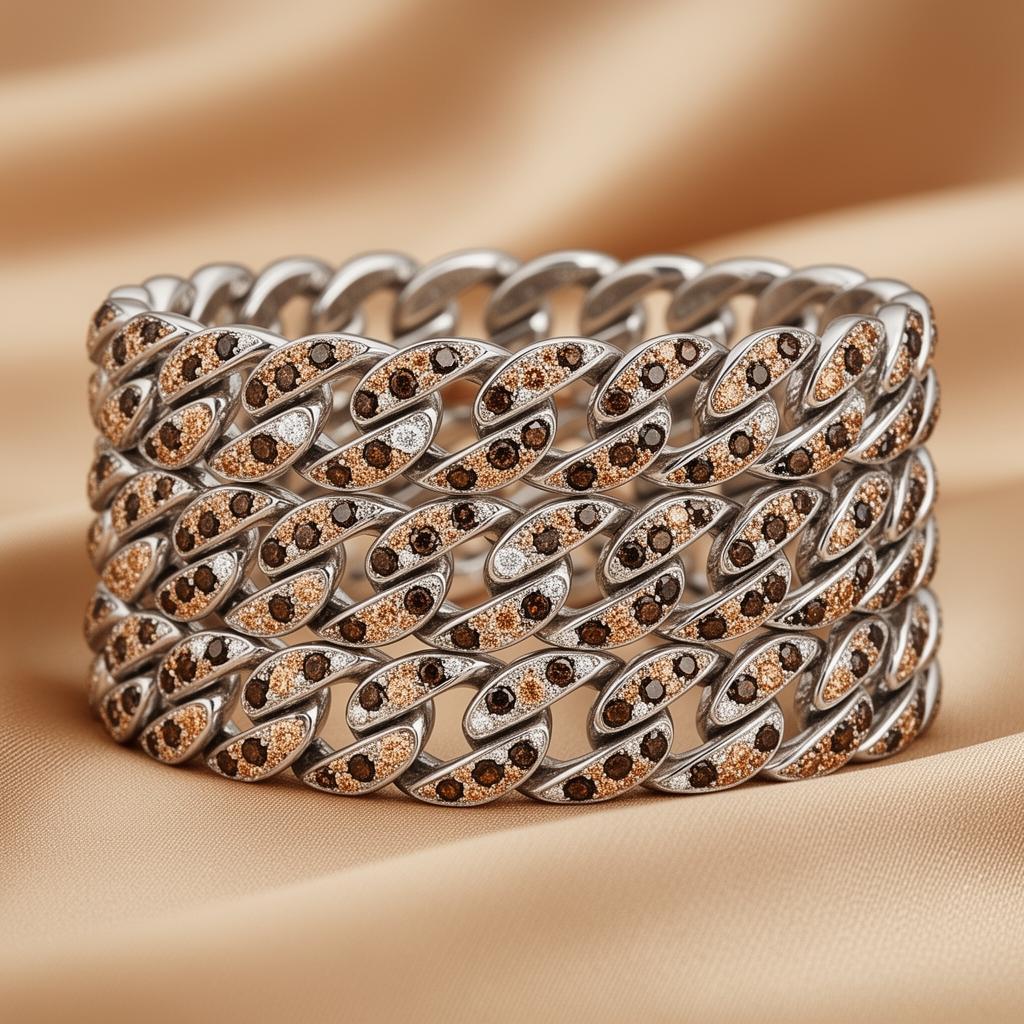 Léopard · Poignet — Bracelet Icône. Maille cubaine pavée · diamants champagne, cognac & chocolat · tachetures aléatoires · platine. Hanseletti N° 0053
